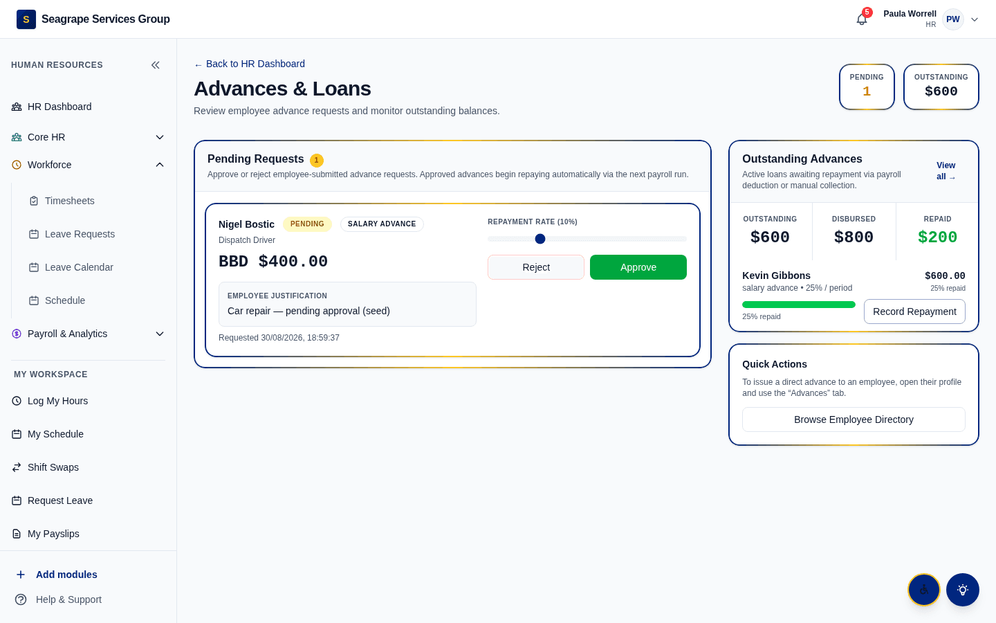 Real product screen — coreisle.app/dashboard — salary advances