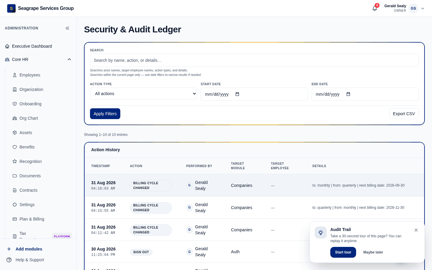 Real product screen — coreisle.app/dashboard/owner/audit — immutable log
