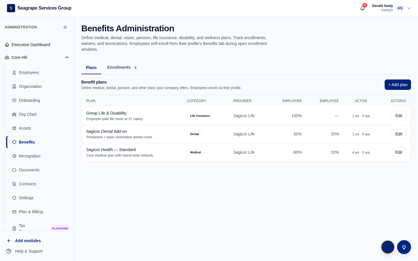 Real product screen — coreisle.app/dashboard/owner/benefits