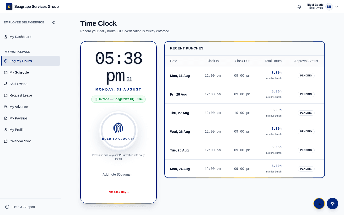 Real product screen — coreisle.app/dashboard/employee/logger — GPS time clock