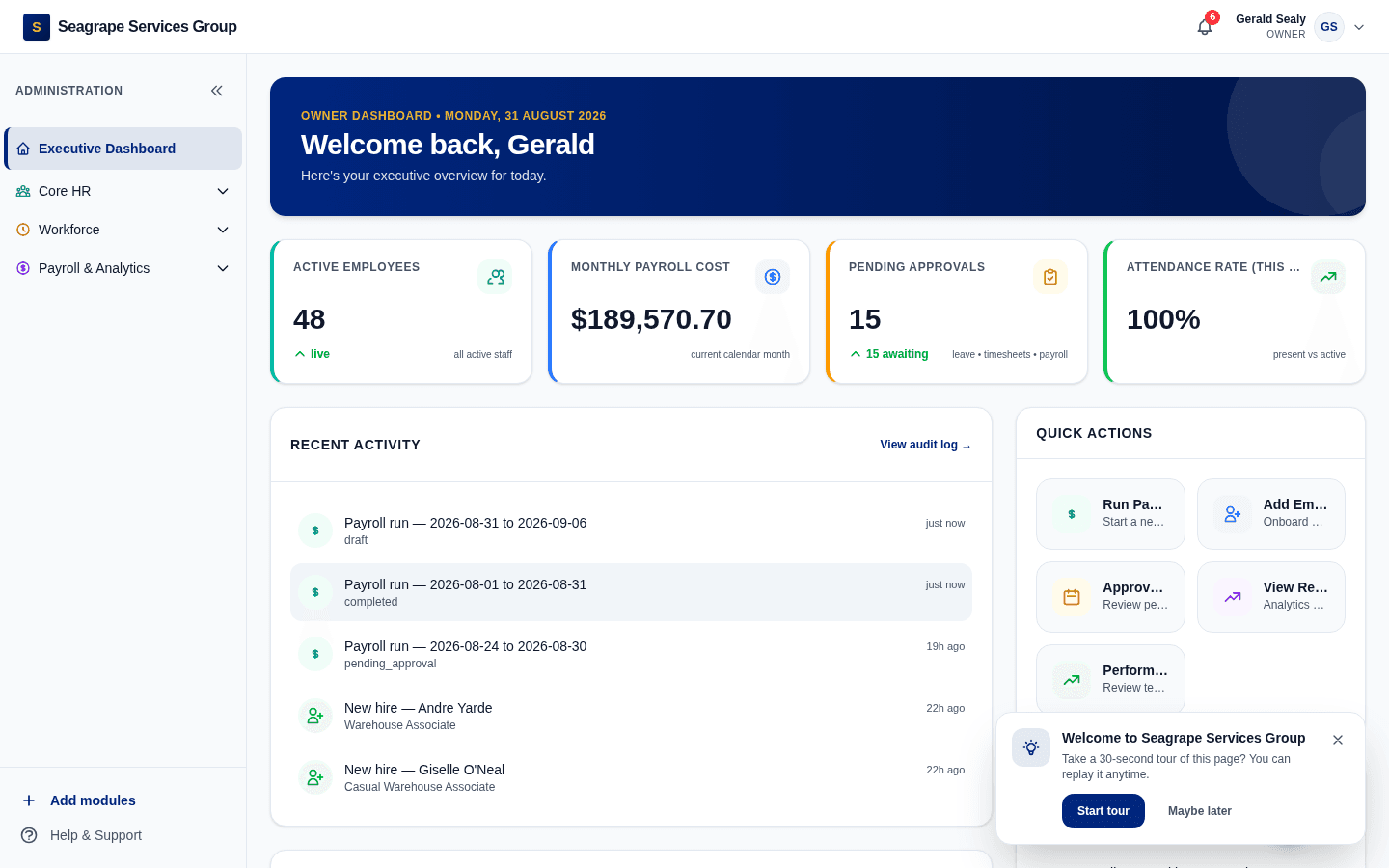 BIMHR Executive Dashboard — headcount, payroll cost, approvals, and attendance KPIs with recent activity