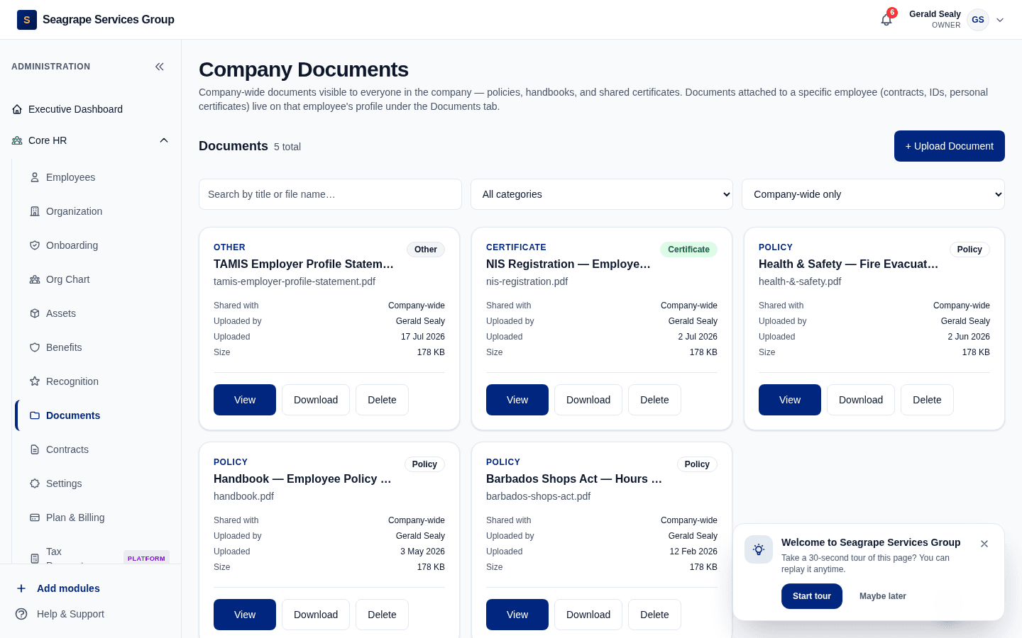 Real product screen — coreisle.app/dashboard/documents — vault