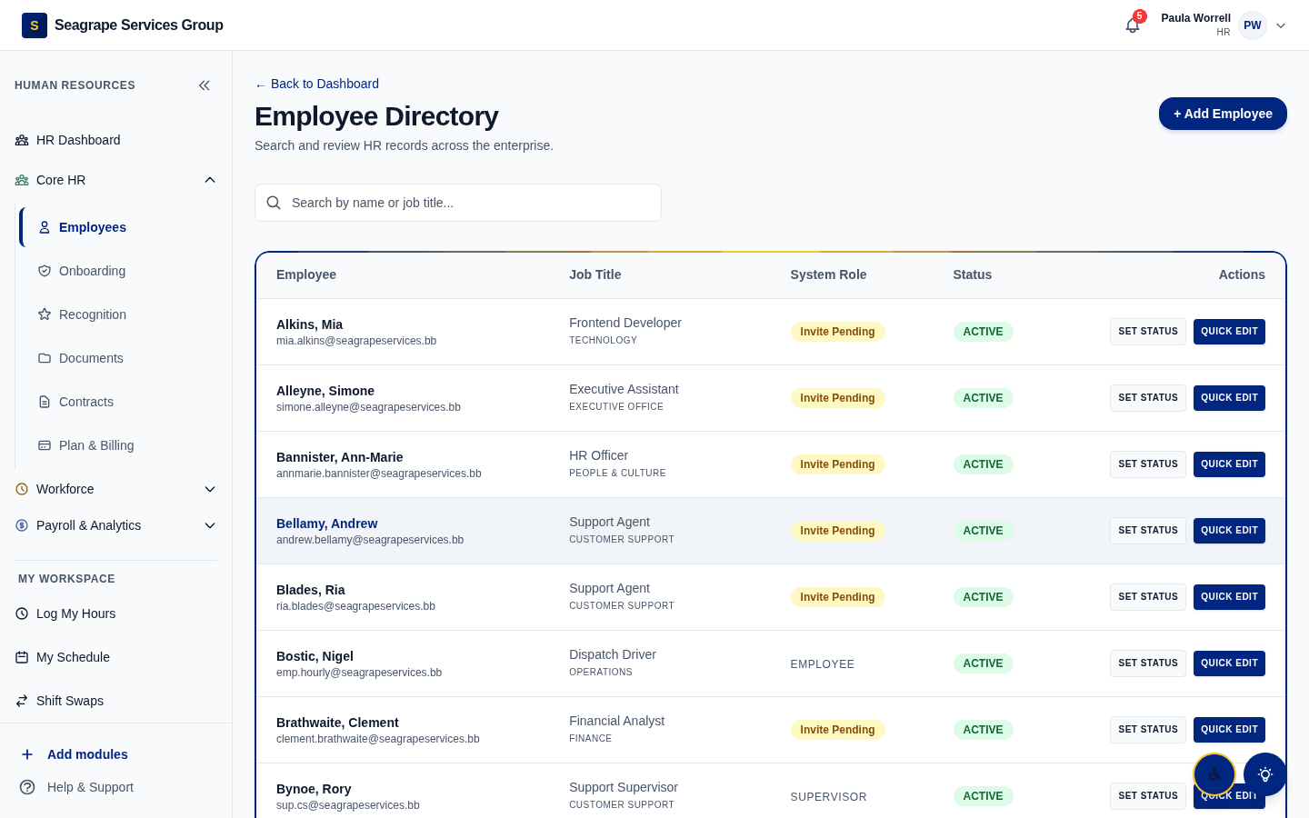 Real product screen — coreisle.app/dashboard/hr/employees — directory