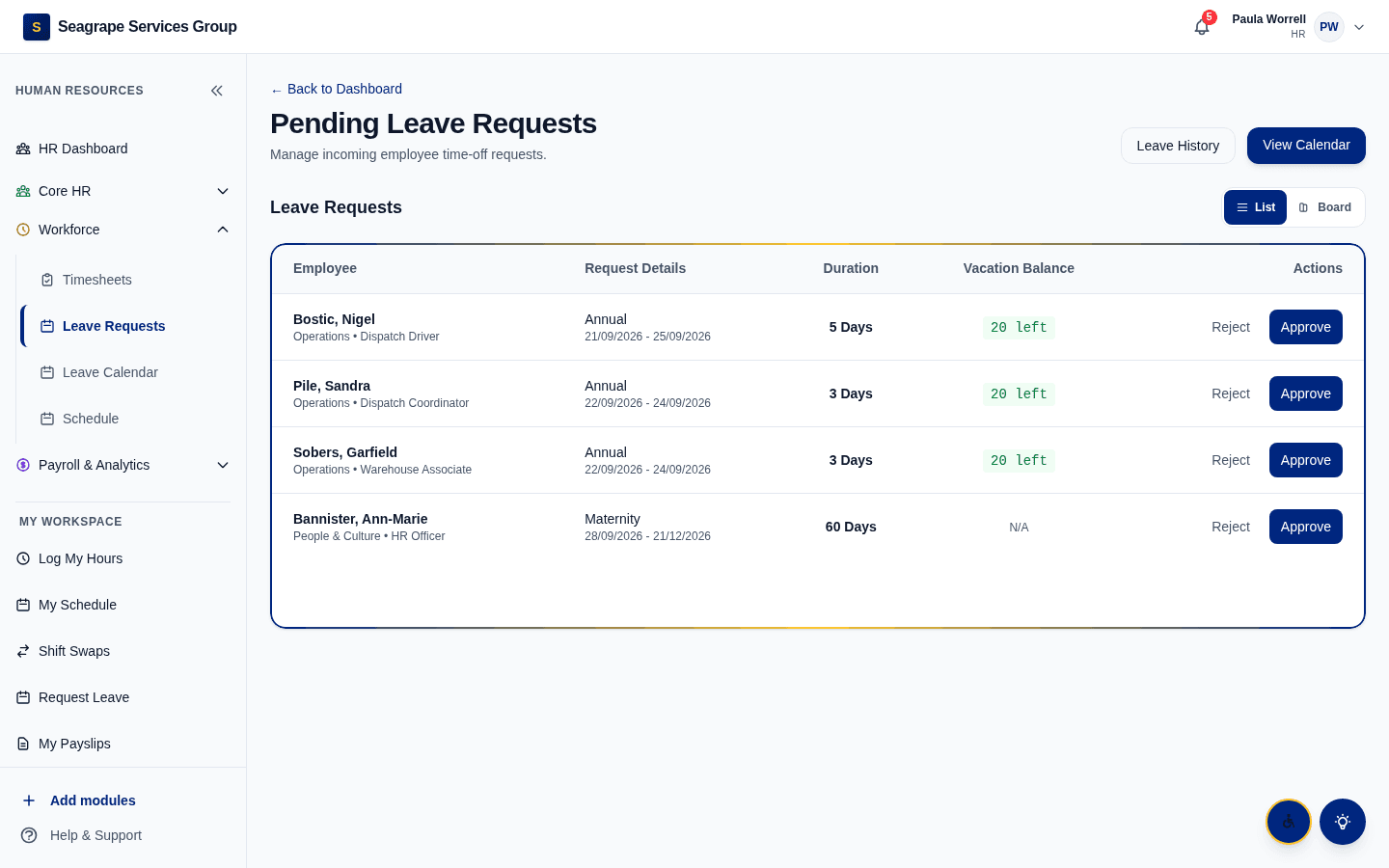 Real product screen — coreisle.app/dashboard — leave management