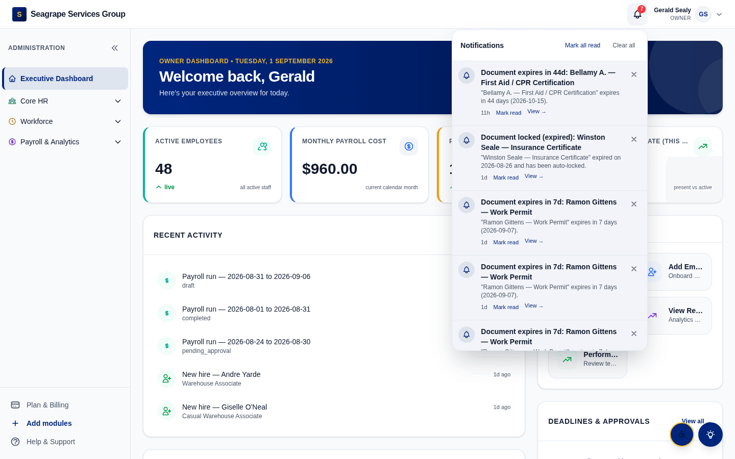 Real product screen — coreisle.app/dashboard — notification centre
