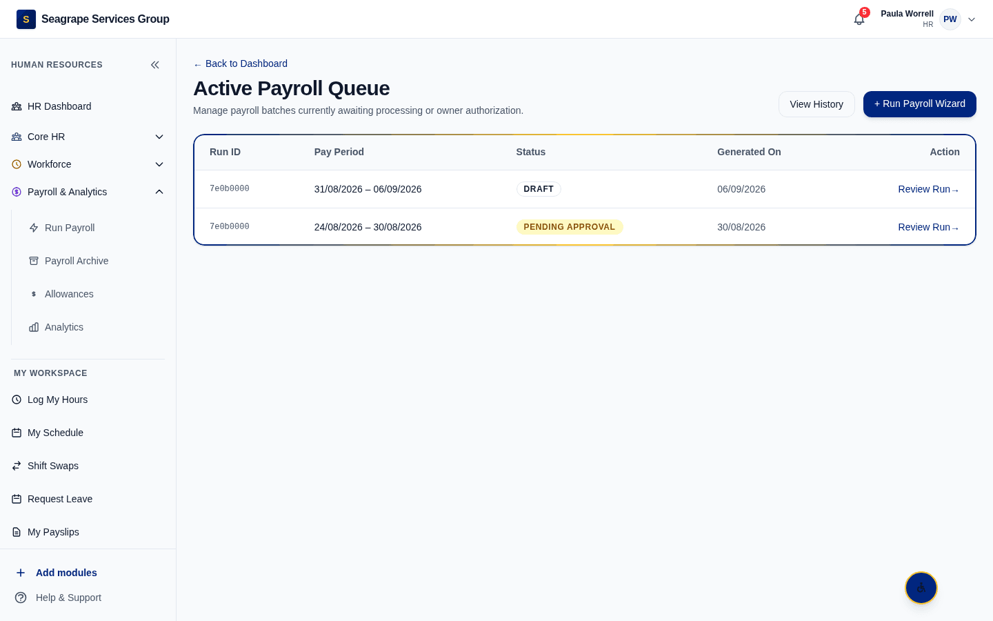 Real product screen — coreisle.app/dashboard/hr/payroll — payroll runs