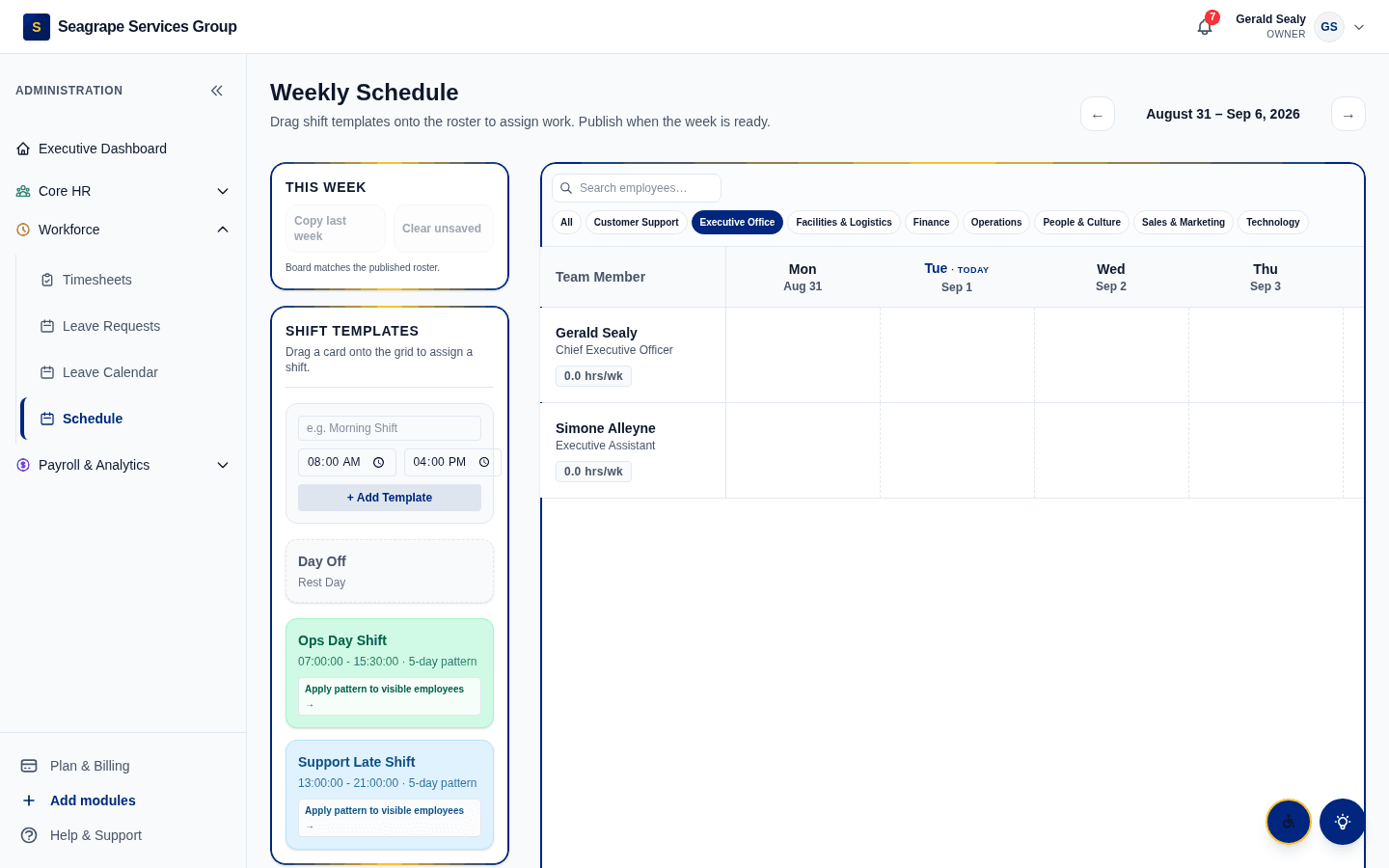 Real product screen — coreisle.app/dashboard/management/schedule — shift templates