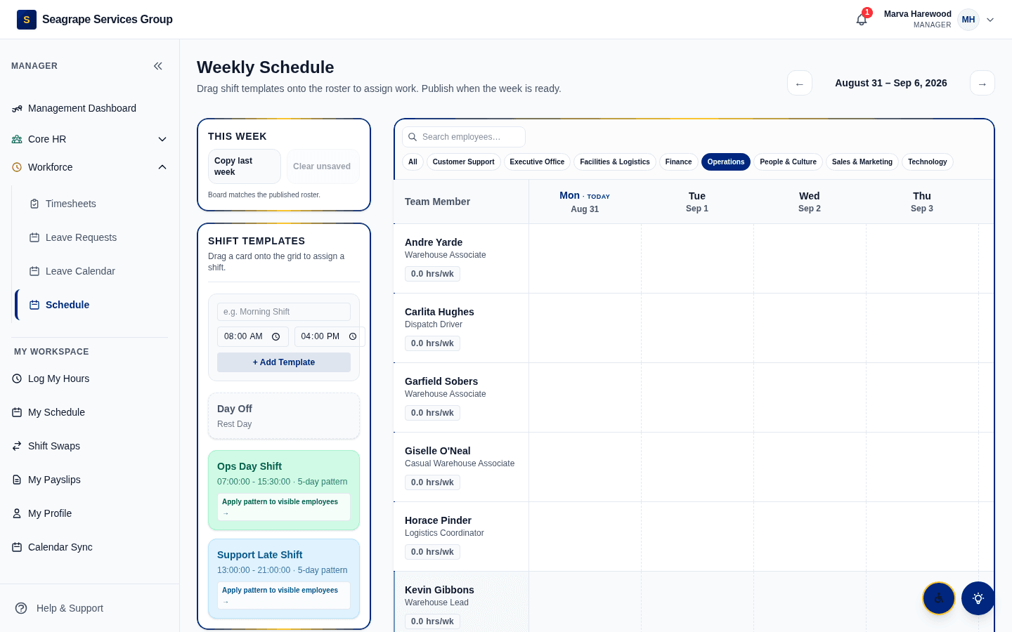Real product screen — coreisle.app/dashboard — weekly roster